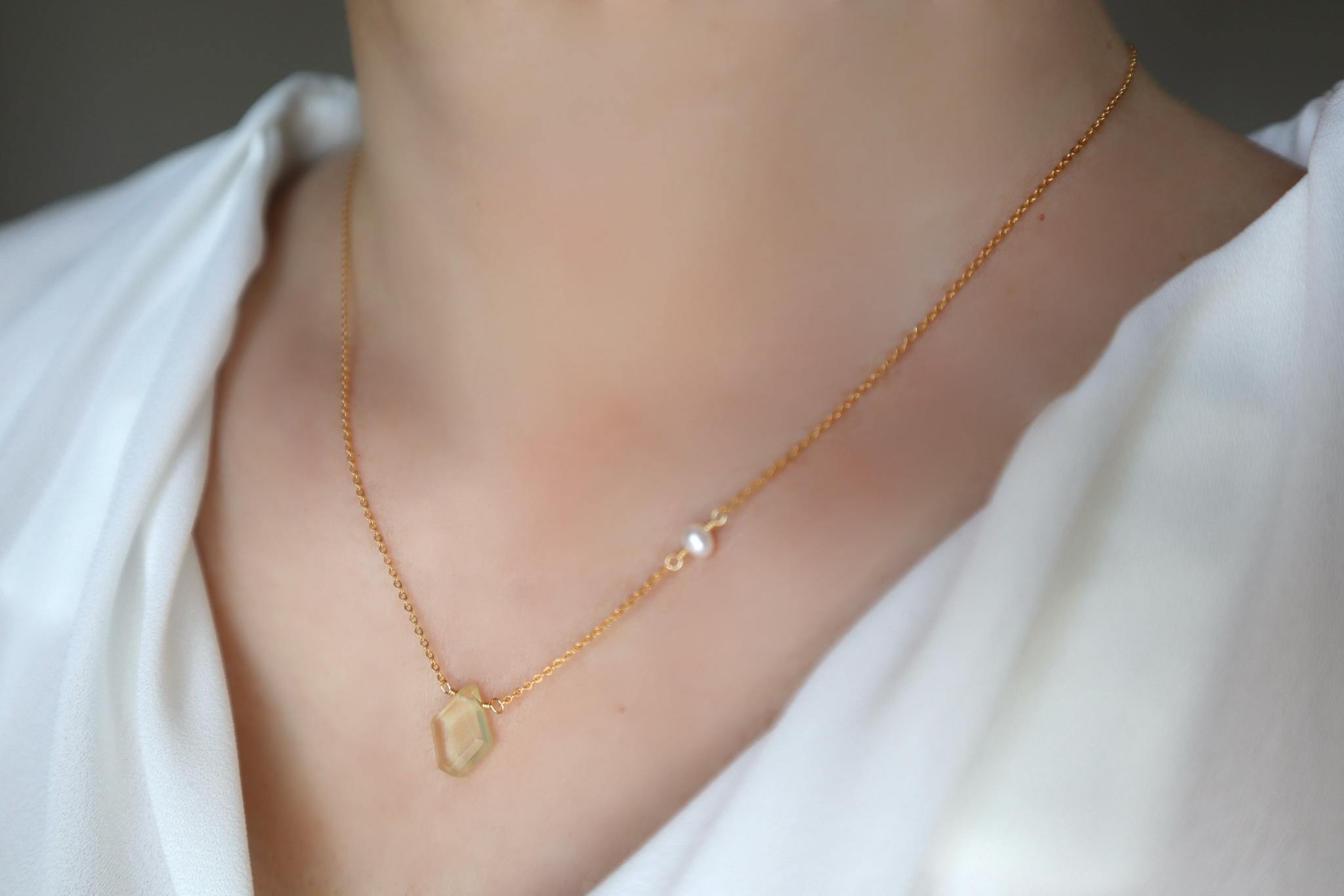 14KGF レモンクォーツ×淡水パール 一粒ネックレス 42cm｜透明感・華奢・大人シンプル